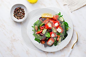 Greek Salad, Fresh Salad with Feta Cheese and Roasted Bell Peppers, Healthy Food