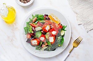 Greek Salad, Fresh Salad with Feta Cheese and Roasted Bell Peppers, Healthy Food