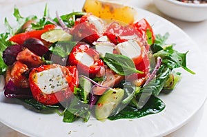 Greek Salad, Fresh Salad with Feta Cheese and Roasted Bell Peppers, Healthy Food