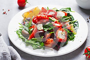 Greek Salad, Fresh Salad with Feta Cheese and Roasted Bell Peppers, Healthy Food