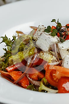 Greek salad with fresh vegetables, feta cheese and black olives