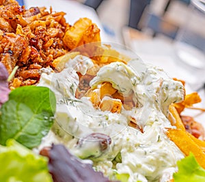 Greek salad with fresh vegetables, feta cheese, tomatoes and olives. Healthy food