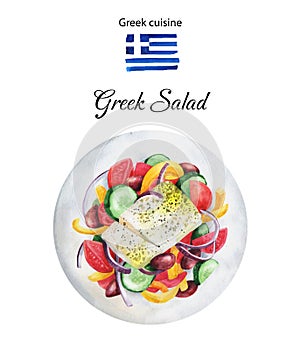 Greek salad with fresh vegetables and feta cheese. Watercolor illustration