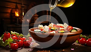 Greek salad with fresh veggies, tangy feta cheese, and golden olive oil poured into a bowl