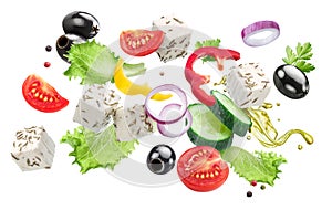 Greek salad ingredients flying in air. File contains clipping paths photo