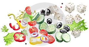 Greek salad ingredients flying in air. File contains clipping paths photo