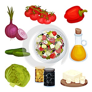 Greek Salad Ingredients Vector Set. Vegetarian Salad Recipe