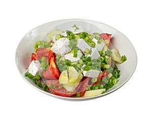 Greek Salad Isolated, Horiatiki Salat with Tomatoes, Cucumbers, Onion, Feta Cheese in White Bowl