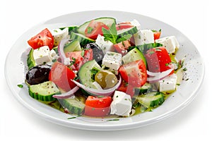Greek salad in light plate isolated, villages salad, horiatiki salat made with tomatoes, diced feta photo