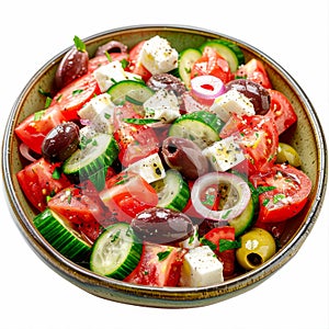 Greek Salad in Light Plate Isolated, Villages Salad or Horiatiki with Tomatoes, Diced Cucumbers, Onion photo