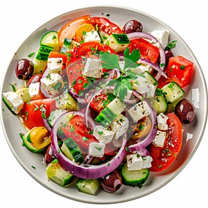 Greek Salad in Light Plate Isolated, Villages Salad or Horiatiki with Tomatoes, Diced Cucumbers, Onion