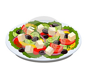 Greek salad on a plate with green lettuce leaves. flat vector illustration isolated
