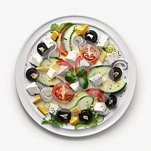 Greek salad on a plate isolate on a white background.