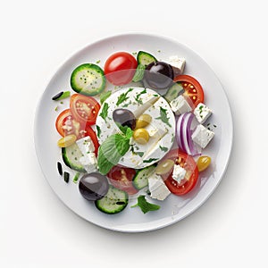 Greek salad on a plate isolate on a white background.