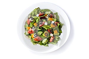 Greek salad in a plate on an isolated white background