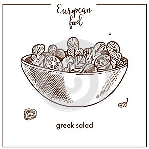 Greek salad sketch icon for European Mediterranean food cuisine menu design