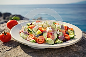 Greek salad with tomatoes, cucumbers, white feta cheese, olives and the sea in the background