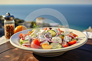 Greek salad with tomatoes, cucumbers, white feta cheese, olives and the sea in the background