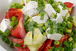 Greek Salad in White Bowl, Macro Photo of Fresh Garden Salat, Salad with Green Onion, Feta, Tomatoes Closeup
