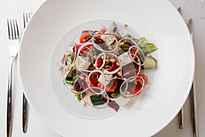 Greek salad on the white plate