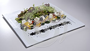 Greek salad on white plate isolated