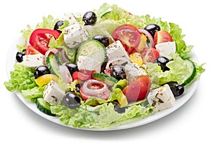 Greek salad on white plate isolated on white background. File contains clipping path photo