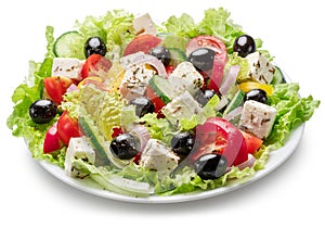 Greek salad on white plate isolated on white background. File contains clipping path photo