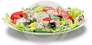 Greek salad on white plate isolated on white background. File contains clipping path