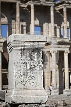 Greek script ancient letters on a rock in Ephesus