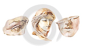 Greek sculpture David eye, woman face. Classical head sculpture,   Dark academia vintage illustration