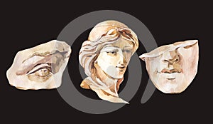 Greek sculpture David eye, woman face. Classical head sculpture,   Dark academia vintage illustration