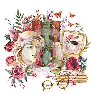 Greek sculpture with wildflowers, old books, letters, glasses. Botanical wloral greeting card