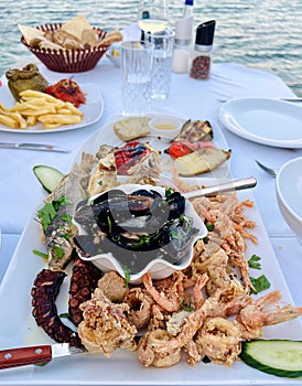 Greek seafood platter by the sea