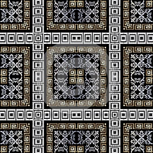 Greek seamless pattern. Vector Baroque damask background wallpaper with vintage flowers, leaves, square frames, borders