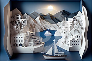 Greek seaport town.AI generated  paper style art