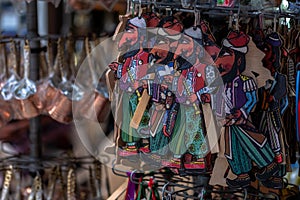 Greek Shadow Puppetry`s in stand of a store in Ioannina city of Epirus Greece. Karagiozis and Hacivatis characters of Greek