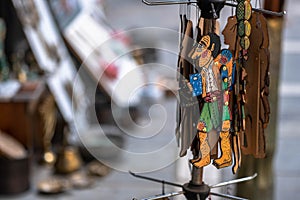 Greek Shadow Puppetry`s in stand of a store in Ioannina city of Epirus Greece. Karagiozis and Hacivatis characters of Greek