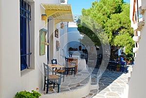 Greek sidewalk cafe restaurant. Paros, Greece