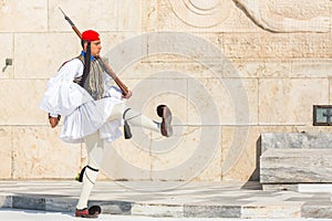 Greek soldiers Evzones dressed in full dress uniform, refers to the members of the Presidential Guard, an elite ceremonial unit