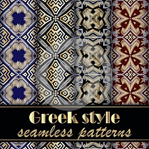 Greek style floral seamless patterns set. Vector elegant backgrounds. Repeat Deco backdrop. Textured patterns collection.