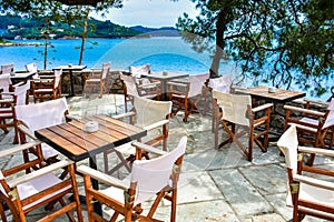 Greek tavern in Skiathos with view over the blue sea