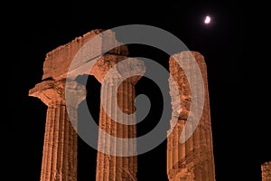 Greek Temple capitals and columns during night in Agrigento, Sicily