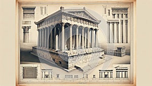 Ancient Greek temple drawing original illustration art on a vintage background photo