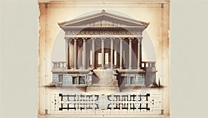 Ancient Greek temple drawing original illustration art on a vintage background photo