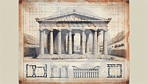 Ancient Greek temple drawing original illustration art on a vintage background photo