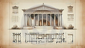 Ancient Greek temple drawing original illustration art on a vintage background photo