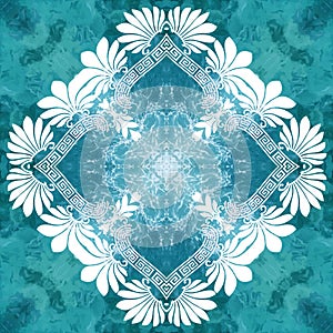 Greek textured vector seamless pattern. Repeat light blue floral background. Greek key, meanders, frame. Flowers ornaments.