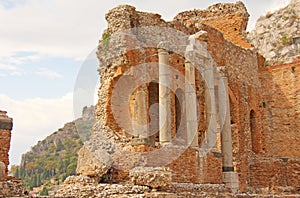 Greek Theater in the City of Taormina, Sicily Island, Italy. Old and Ancient Stone Ruins. Old Greek Columns, Greek Style