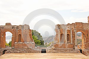 Greek Theater in the City of Taormina, Sicily Island, Italy. Old and Ancient Stone Ruins. Old Greek Columns, Greek Style