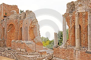 Greek Theater in the City of Taormina, Sicily Island, Italy. Old and Ancient Stone Ruins. Old Greek Columns, Greek Style